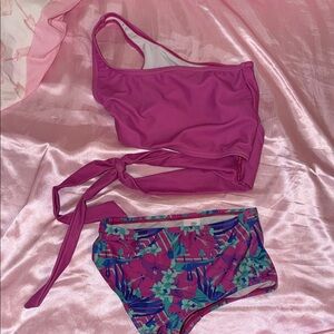 Girls' Magenta One-Shoulder Swim Bikini Set with Floral Bottom